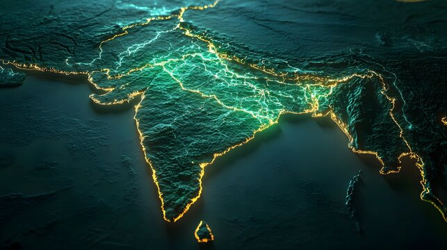 3D render showcases India's coastline illuminated with glowing electric lines, set against a dark oceanic background.