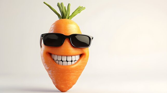 3D render of a smiling carrot wearing sunglasses, isolated on a white background.