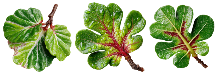 fresh green leaves with red veins isolated on white background, natural botany texture concept.