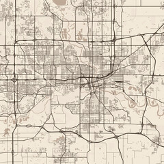 Obraz premium Des Moines City Map in this sepia hued image the cityscape unfolds in meticulous detail showcasing crisp clean lines and a harmonious interplay of buildings and streets, emphasizing refined linework.