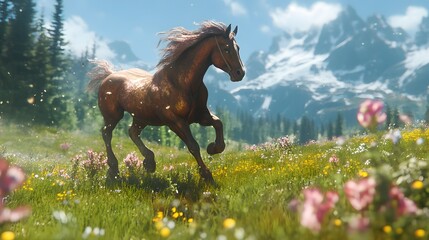 3D render of a galloping brown horse amidst a wildflower meadow and mountains.