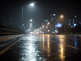 Fototapeta premium a rainy evening in the city with glowing street lights illuminating the wet asphalt road