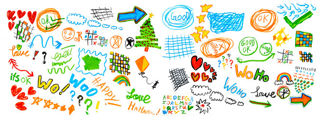 Hand drawn blue highlights, underlines and emphasis crayon elements. Blue pen check marks, ovals and school notebook vector shapes for hand drawn notes. Checkered paper sheet.