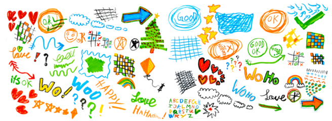 Hand drawn blue highlights, underlines and emphasis crayon elements. Blue pen check marks, ovals and school notebook vector shapes for hand drawn notes. Checkered paper sheet.