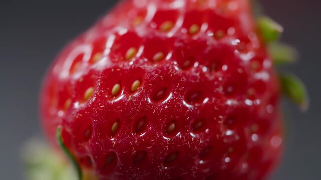 Intricate close up of a fresh red strawberry, showcasing its texture and seeds
