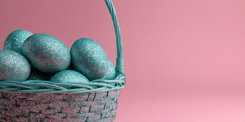 Glittery pastel teal Easter basket with oversized candy eggs in playful festive décor on soft pink background