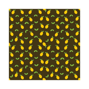 Lemon pattern with green leaves on dark brown background