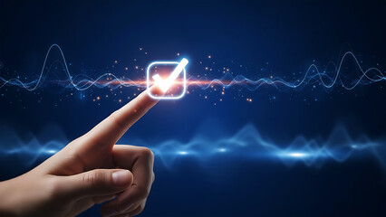 Human hand interacting with glowing digital waveform representing sound or data transmission technology