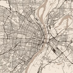 Obraz premium St. Louis City Map expertly crafted with refined linework this sepia toned wall poster showcases a structured urban grid offering a detailed blueprint view, emphasizing refined linework.
