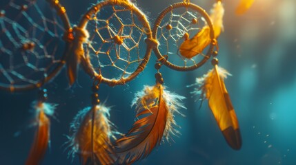 Intricate dreamcatcher featuring colorful feathers, suspended in soft ambient light, creating a tranquil atmosphere and symbolizing protection and positive energy