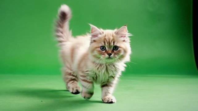 Cute orange kitten walking towards camera on green background