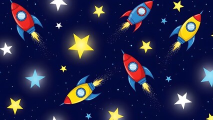 A whimsical, cartoon pattern illustrates several colorful rockets flying through space. The dark blue background is scattered with stars of various sizes and shades, including yellow, white, and light