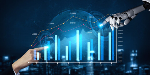 A robotic hand and a human hand interact in a futuristic cityscape, symbolizing collaboration in finance with dynamic graphs and data visualizations. Scalp