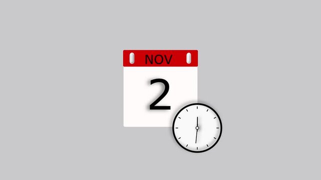 Calendar and clock icon November 2 date animation, on white background 4k video.