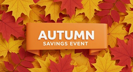 Autumn savings event with orange and red maple leaves background