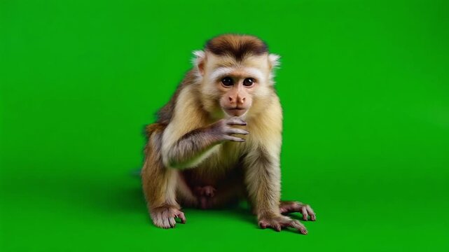 Curious monkey sitting on green background looking directly at camera
