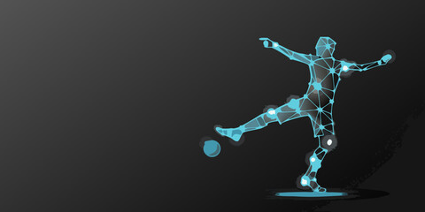 Futuristic soccer player depicted with a glowing polygonal wireframe on black background © MituRani