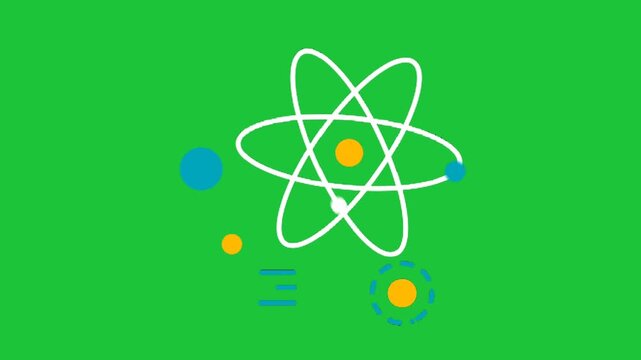 Atomic structure rotating on green background, clean science animation for physics, energy, research, education, and motion graphics