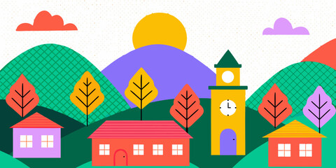 Fototapeta premium Colorful illustration of a quaint village landscape with hills and a clock tower