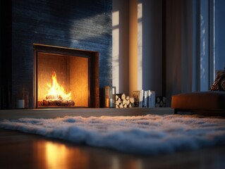 a cozy living room with a fireplace and warm lighting on a winter evening