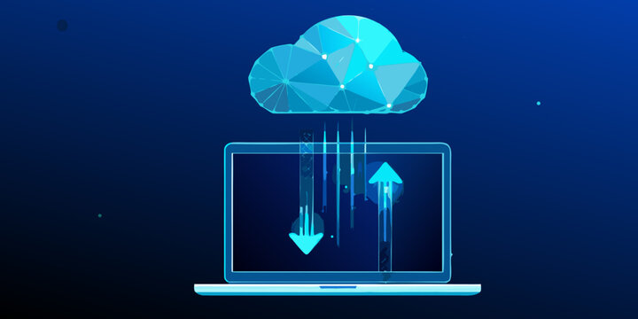 Cloud computing concept with a laptop displaying data transfer operations