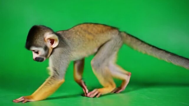 Cute squirrel monkey standing on green background looking curious