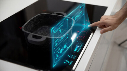 Man hand controlling smart induction cooktop stove