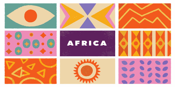 Colorful geometric patterns and the word africa in a grid arrangement