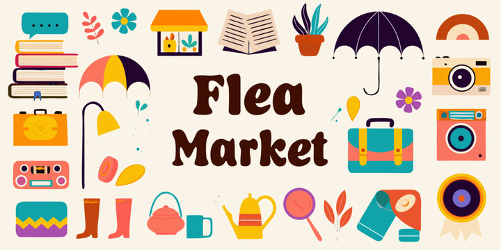 Colorful illustration displaying various objects associated with a flea market