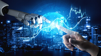 A robot hand and a human hand connect through digital data, showcasing the blend of technology and human interaction in a modern cityscape. Scalp