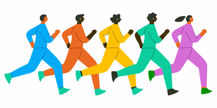 A group of diverse people are running together in a colorful illustration