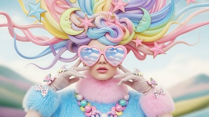Fototapeta premium Woman with colorful hair and sunglasses poses