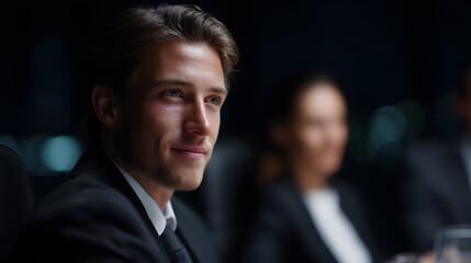 Confident Leadership in the Boardroom: A sharp, focused executive exudes confidence in a dimly lit boardroom, surrounded by his colleagues.