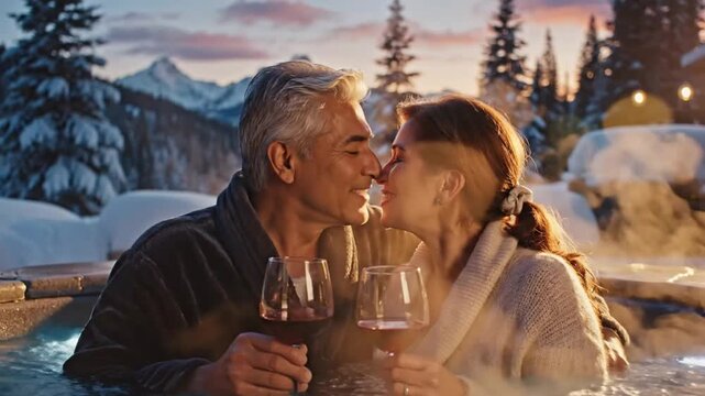 Romantic couple toasting wine glasses, enjoying a relaxing outdoor hot tub experience, snowy mountain background