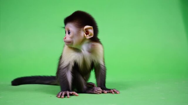 Cute baby monkey sitting on green background looking around curiously