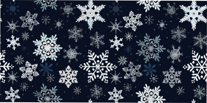 A seamless pattern of delicate intricate snowflakes on a dark background