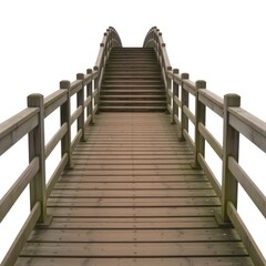 Wooden staircase with railings leading upwards isolated on white background