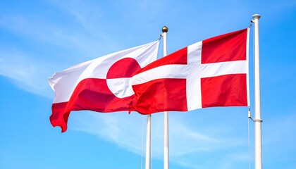 National Flags of Greenland and Denmark Waving Side-by-Side Against a Bright Blue Sky