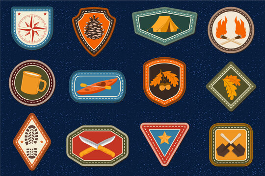 Set of Scout badge with compass, camping mug, pine cone, kayak boat with paddle, knives. Vector. Merit patch, sticker for camping outdoor and academic activities