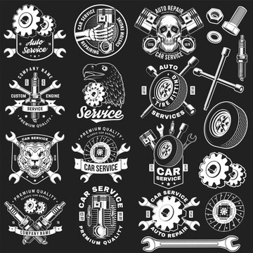 Auto service logo, emblems, badges and icons. Vector. For expert service car repair center, restoration and car club with wrench, gears, spark plug, skull, automobile tools pistons silhouette