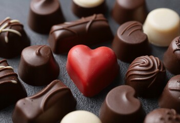 Fototapeta premium A close-up of assorted chocolates arranged in a circular pattern with a red heart in the center
