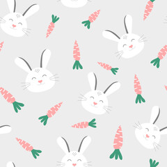 Vector Easter seamless pattern with cute bunnies and carrots on the gray background
