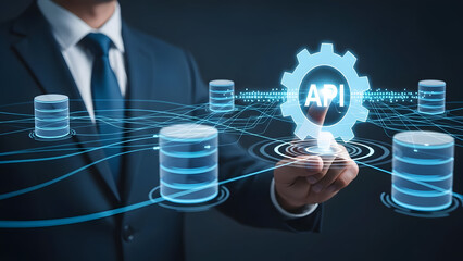 Business professional touching digital blockchain gear with cryptocurrency coins and network technology hologram for fintech innovation