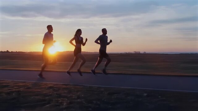 Three runners jogging on a path during a beautiful sunrise casting long shadows on the ground rich detail cinematic quality captivating scenes smooth motion