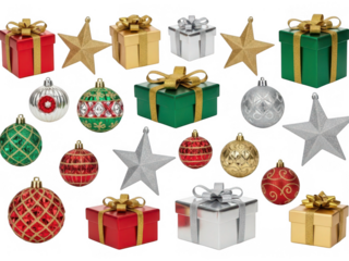 Colorful christmas ornaments and gift boxes isolated on transparent background