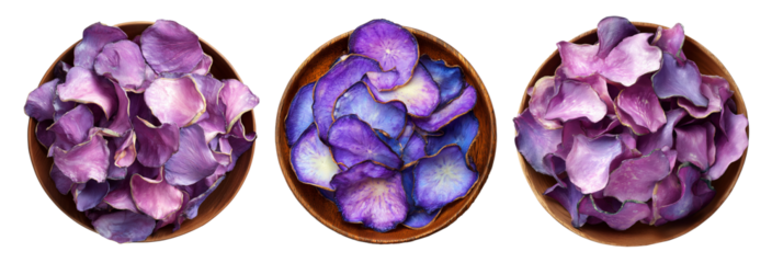 Set of Taro Chips deep-fried on wooden plate or dried purple rose petals isolated on white transparent background