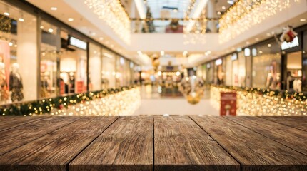 Wooden table in blurred shopping mall with festive holiday lights