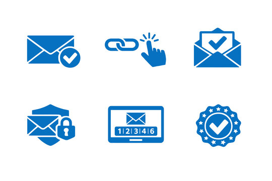 Digital email verification icon set showing confirmation emails, secure validation and account activation. Monochrome flat vector icons ideal for UI, apps, websites and onboarding flows.