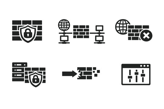 Cybersecurity firewall icon set showing network protection, blocked threats and secure systems. Monochrome flat vector icons ideal for security UI, apps and websites.