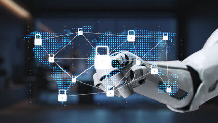 A close-up view of a robotic hand connecting with a digital network, illustrating concepts of cybersecurity and data protection with a global map background. Synapse